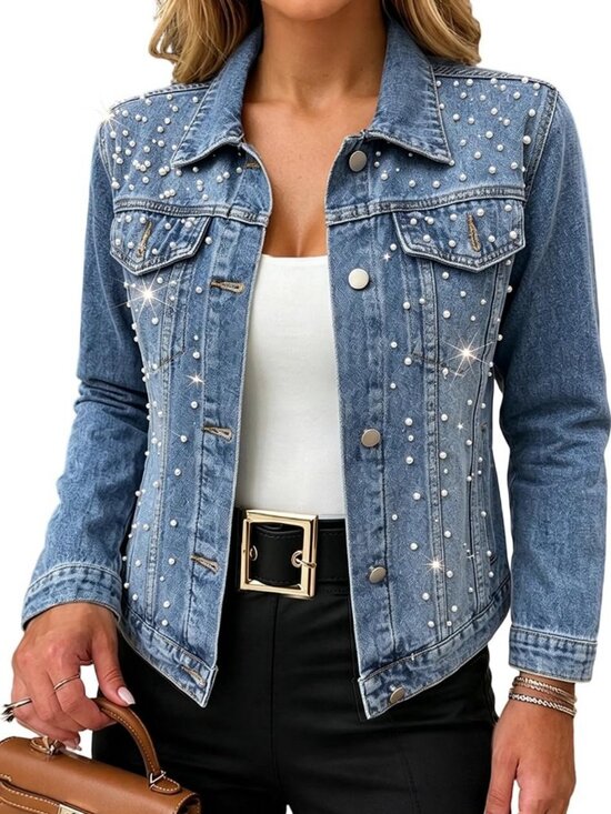 Jackets & Blazers - Trendy Pearl Denim Jacket with Rhinestone Buttons - Stylish Jean Outerwear for